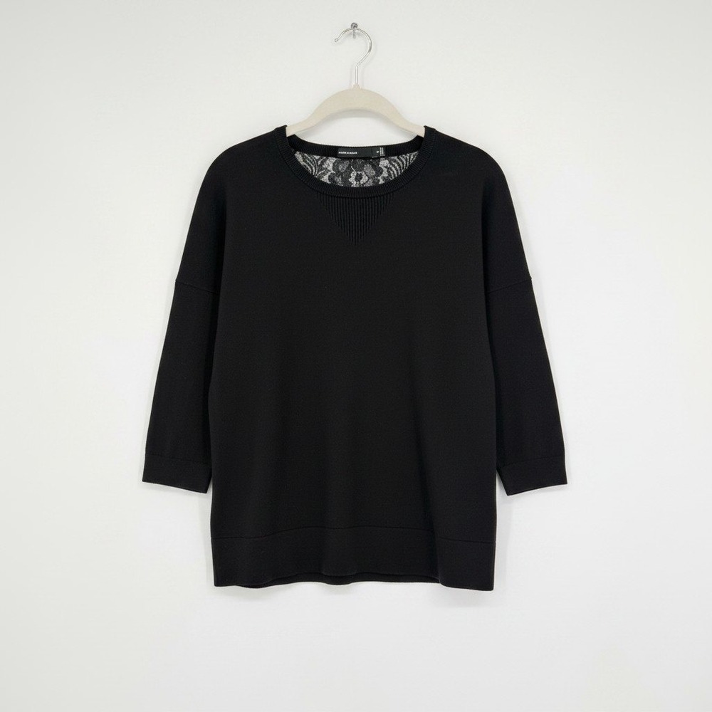 Karen Millen Pullover Sweater Tight Knit Lace Back Ribbed Black 3/4 Sleeve Sz 3